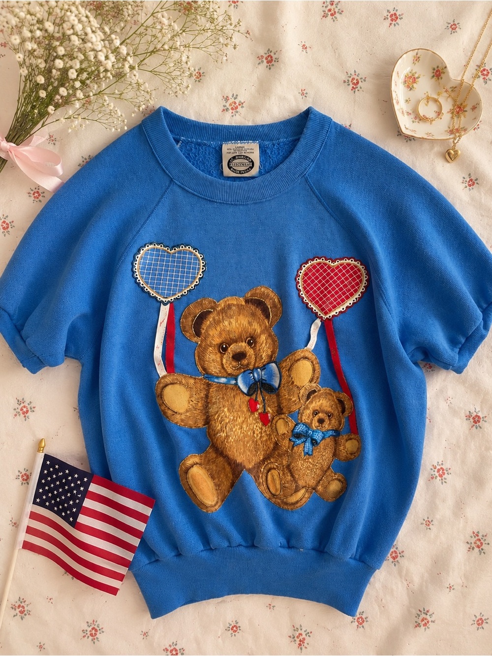 Vintage Teddy Bear Americana Sweatshirt Blue USA Coquette Cottagecore L